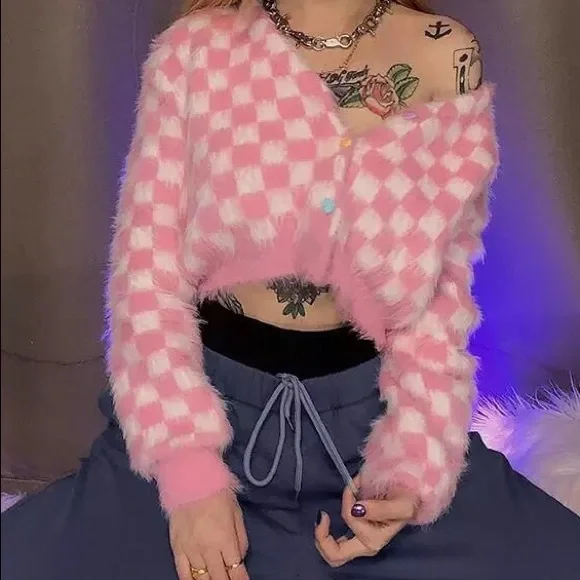 Plaid sweater pink white womens cardigan long heart buttons - Picture 6 of 12